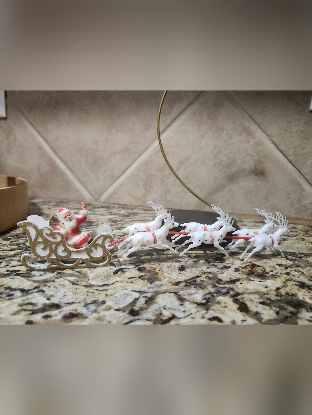 Vintage Christmas Santa Sleigh with White Reindeer Holiday Figurine Plastic